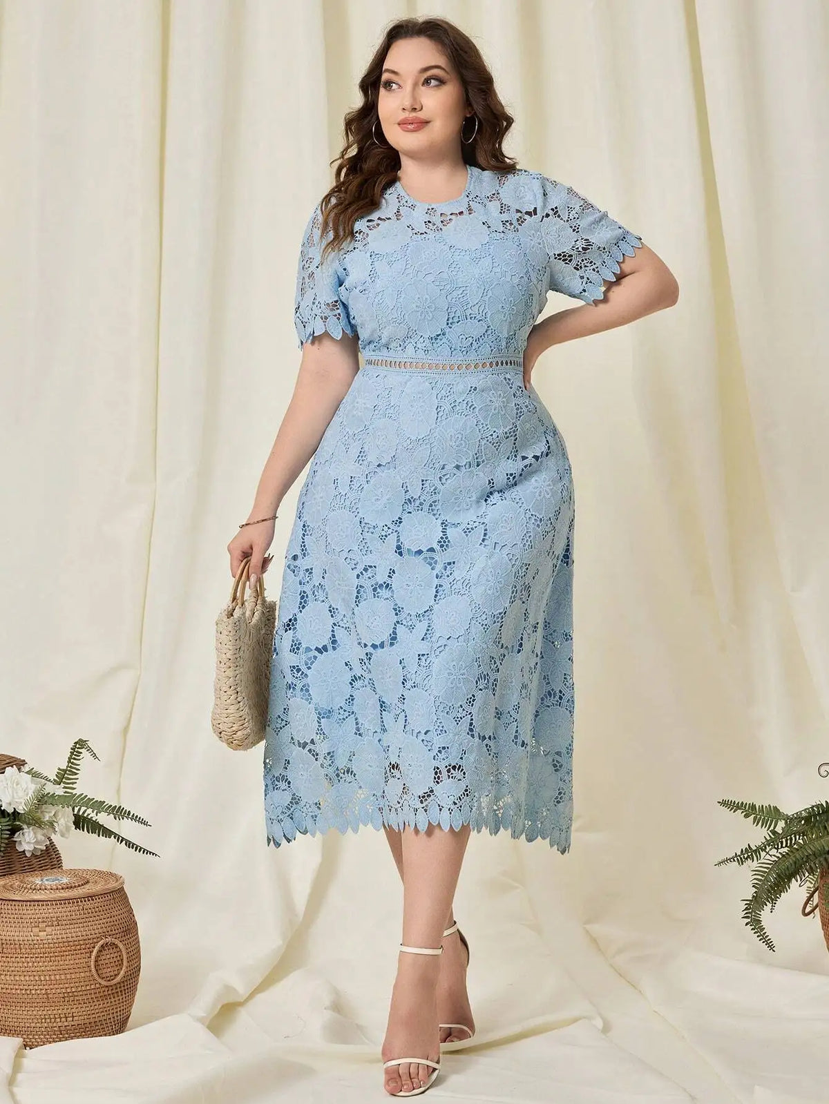Plus Size Elegant Lace Waist Cinched Midi Dress For Summer Wedding Guest
