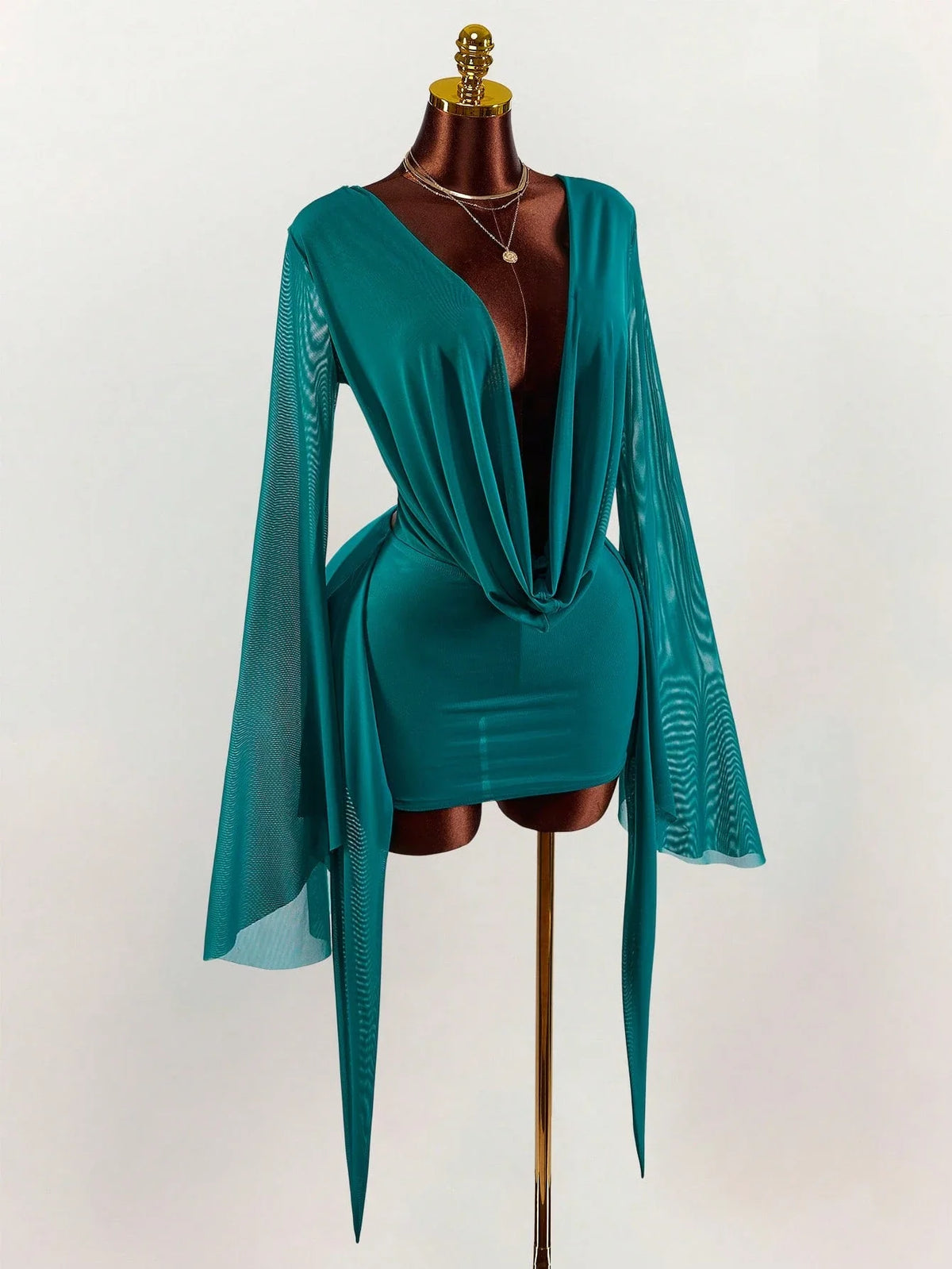 Romantic Vacation Low-Cut Draped Collar Flared Sleeve Bodycon Mini Dress