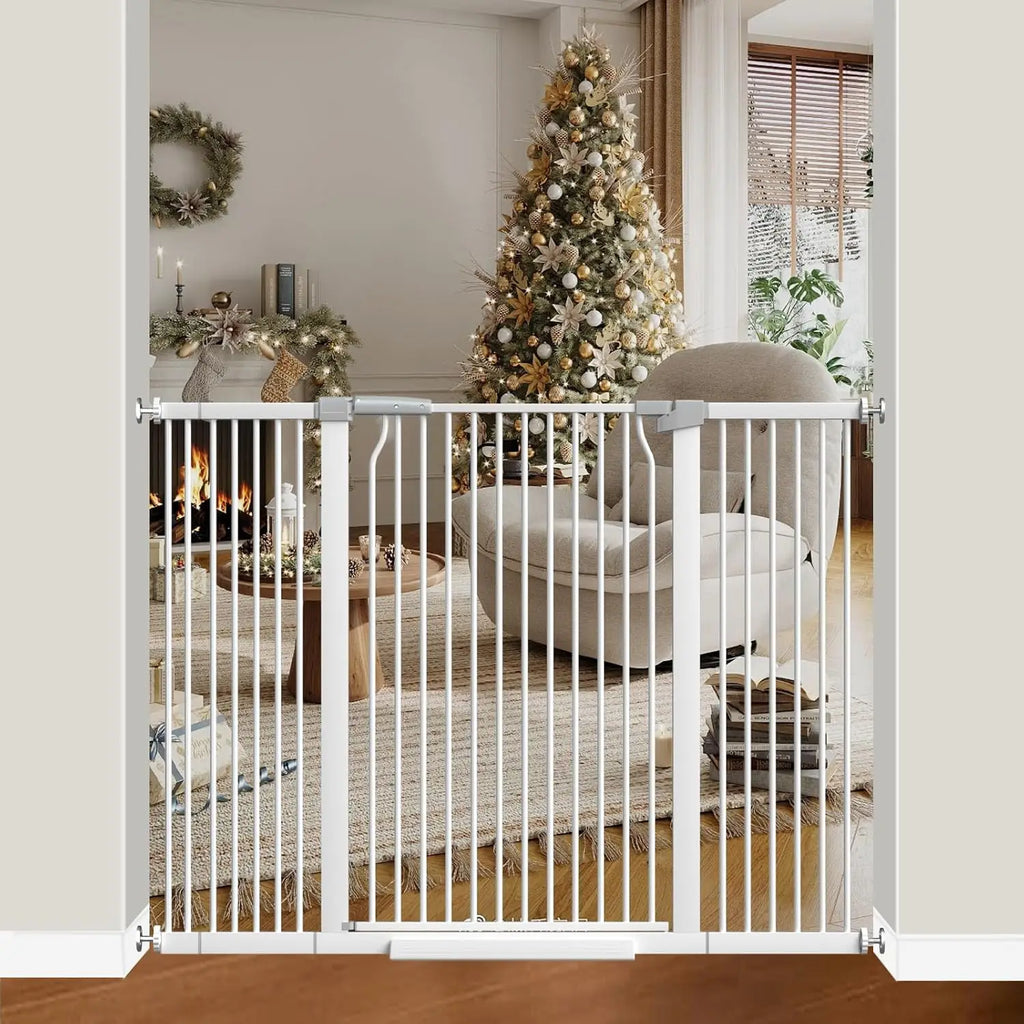 41" Extra Tall Cat Gate for Doorway, Pressure Mounted Metal Pet Baby Safe Fence with Expansion Kit, No Drilling White