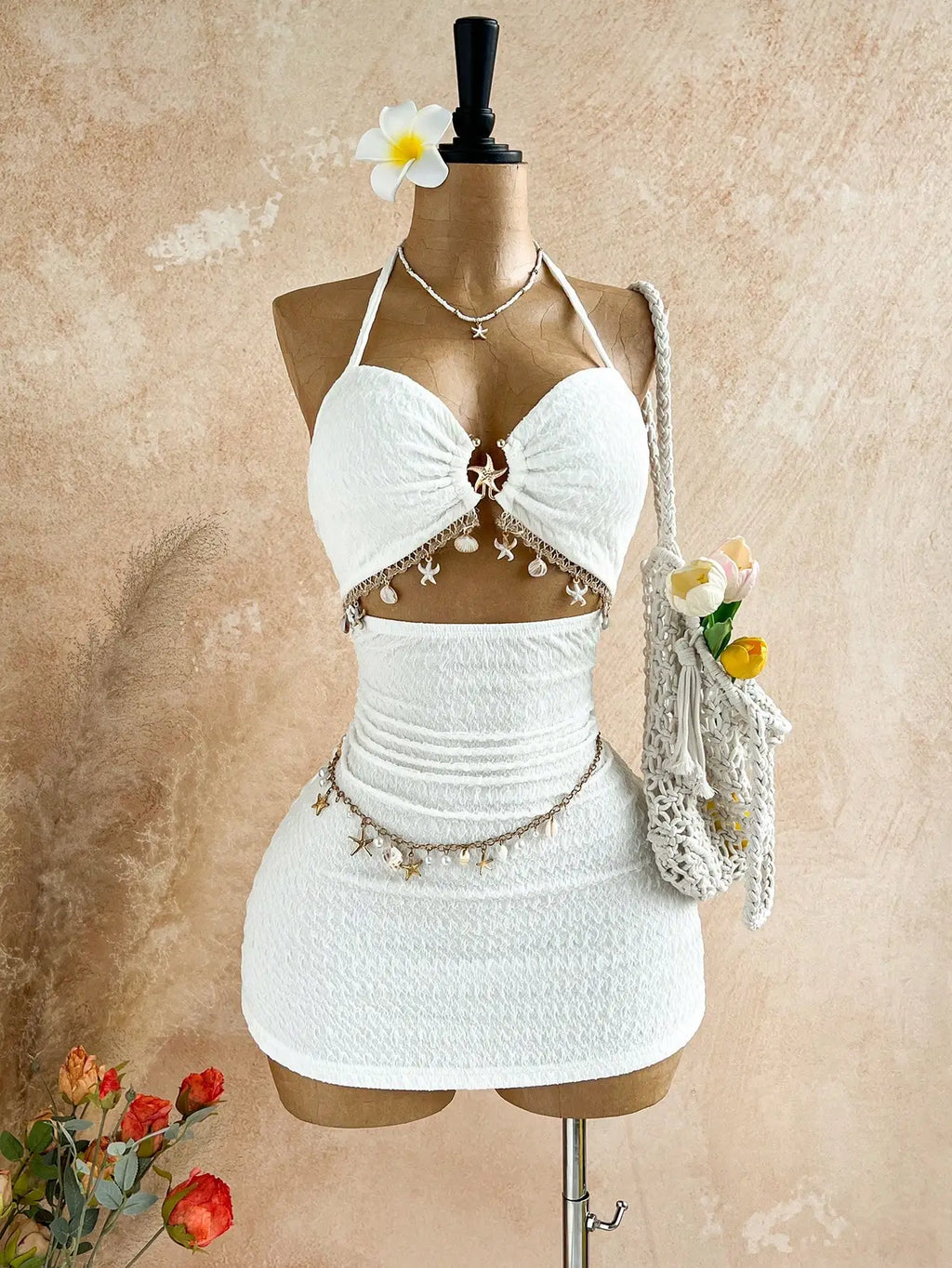 White Textured Halter Neck Mini Dress with Starfish Charms, Boho Beach Style