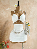 White Textured Halter Neck Mini Dress with Starfish Charms, Boho Beach Style