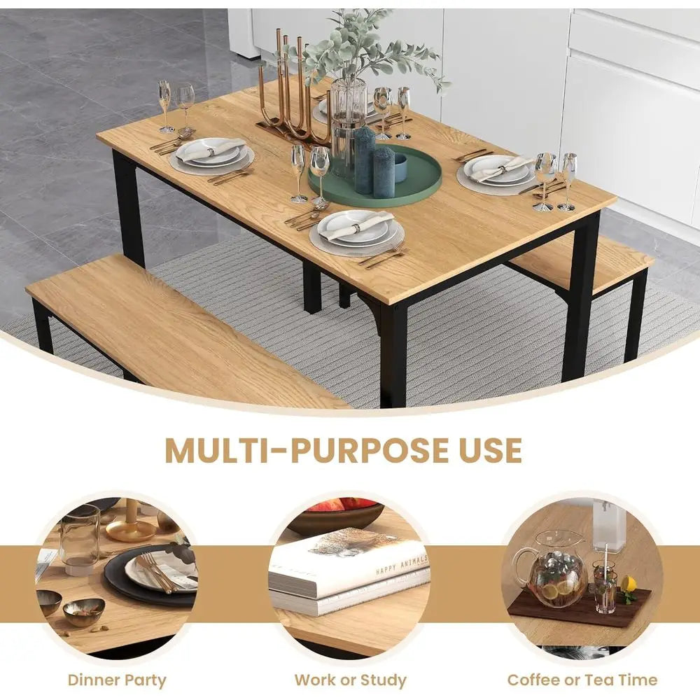 Solid Wood Counter Height Dining Table Set with 2 Benches, Natural