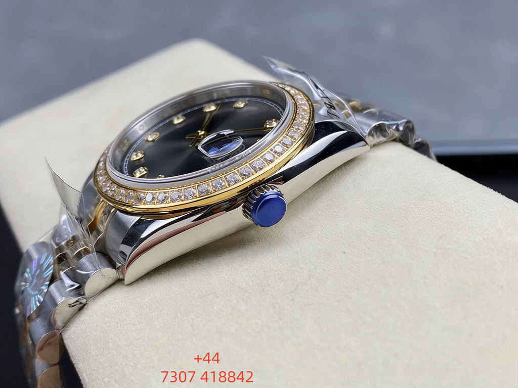 Customized luxury women's watch, featuring a 36mm dial, scratch-resistant sapphire crystal, stainless steel strap, and fully au