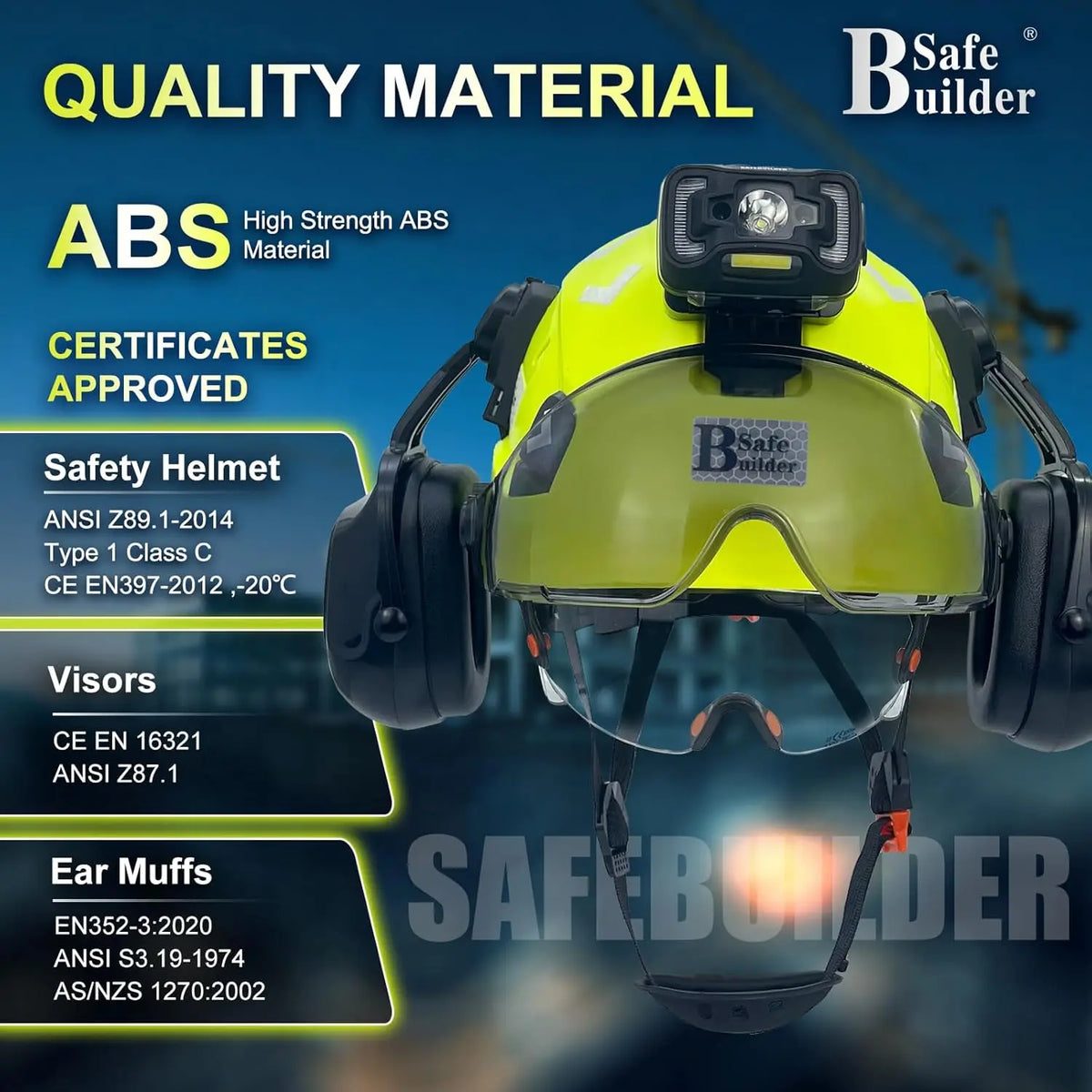 Lightweight Vented Safety Helmet with Visor, Headlight & Ear Muffs for Construction Work, ANSI Z89.1 Approved