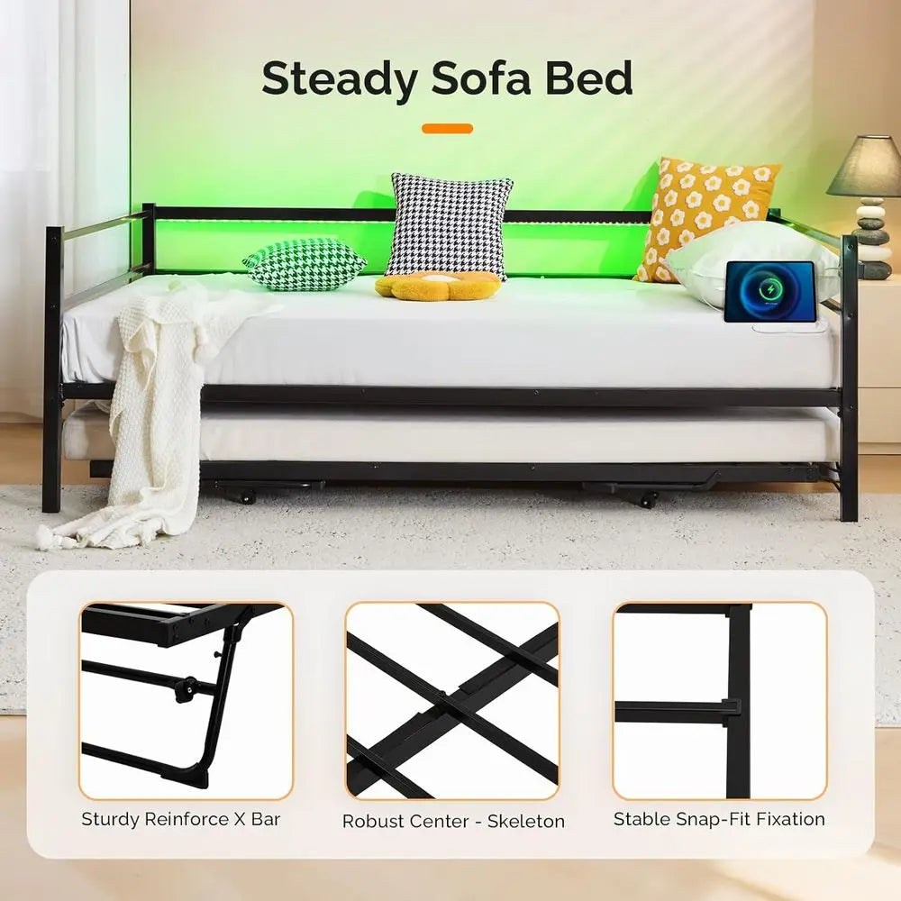 Metal Daybed with Up Trundle Bed Twin, Sofa Daybed with Charging Station, LED Lights, Heavy Duty Steel Slats, Pull Out Trundle,