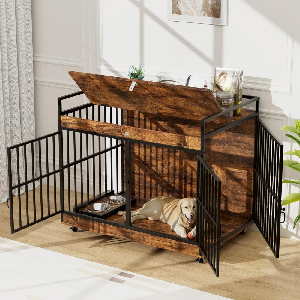 Extra Large Heavy Duty Dog Crate with Wooden Table and Stainless Steel Bowls for Large Dogs, XL Dog Kennel Furniture