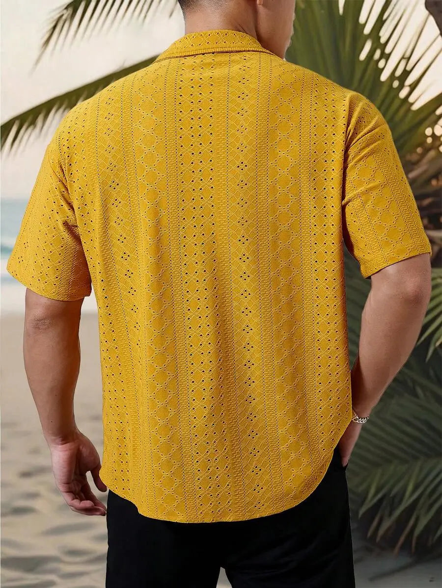 Men's Yellow Eyelet Lacework Short Sleeve Button-Down Casual Shirt