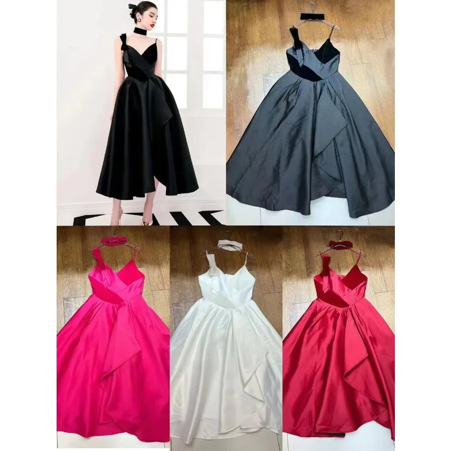 【New style】24 spring new product V-neck bow sexy goddess irregular waist slimming suspender party dress
