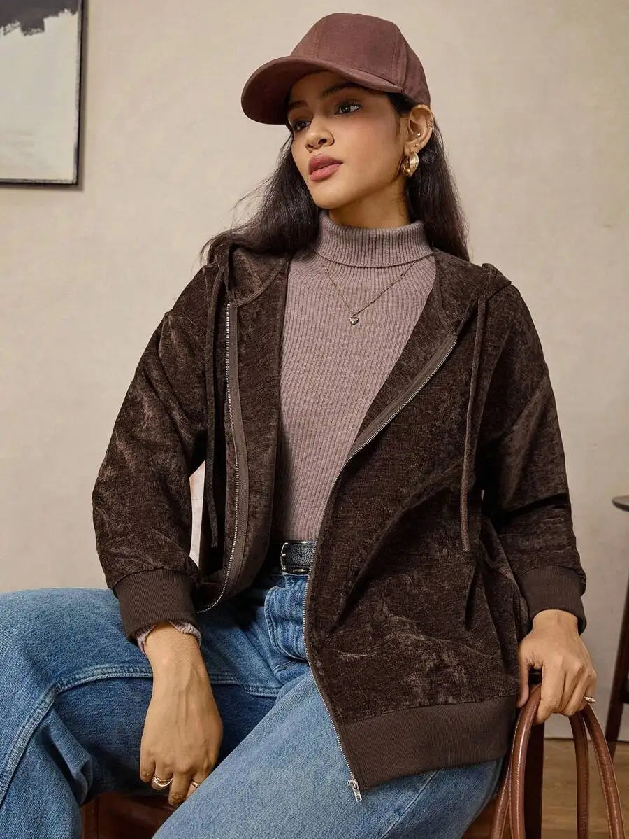Gray Ribbed Drop Shoulder Zip-Up Hoodie with Drawstring for Spring Fall Casual Wear