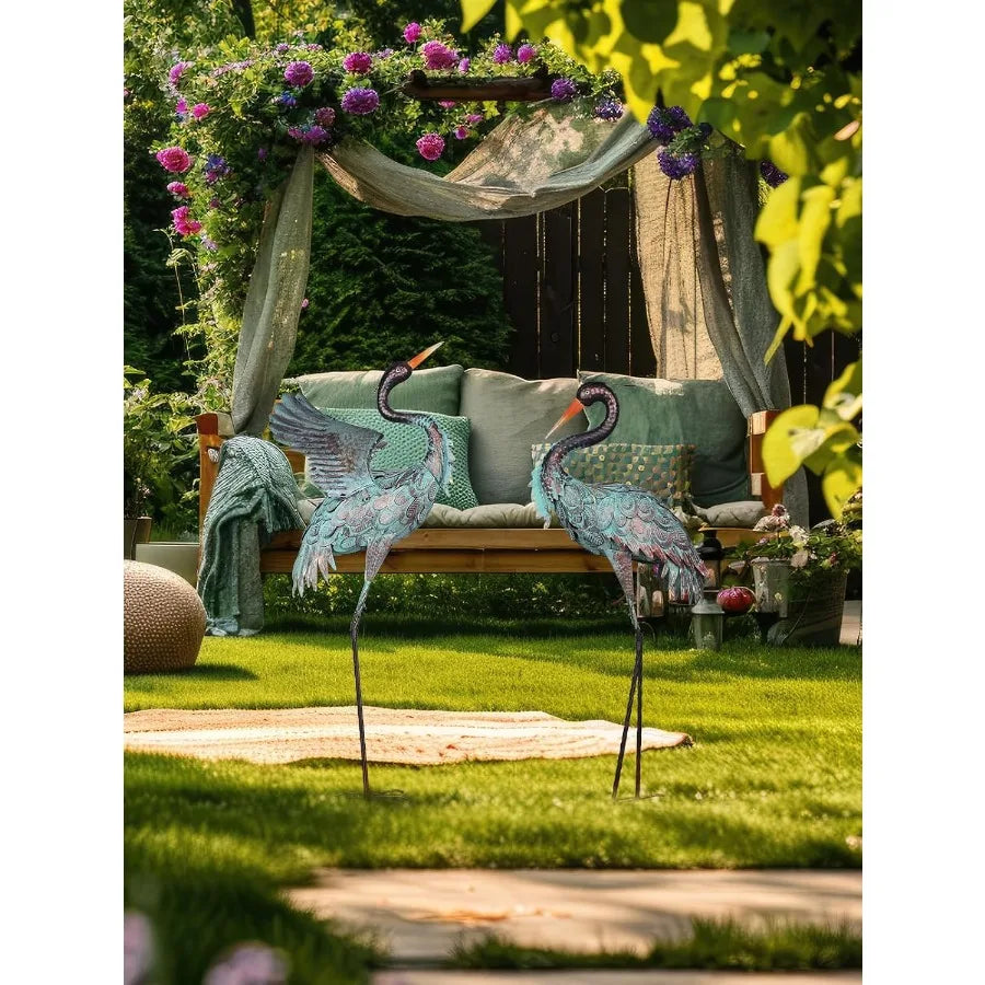 Garden Decor Outdoor Statues 38"/36" Large Metal Heron Standing Yard Art Blue Crane Lawn Sculptures Garden Decor for Outside Pa
