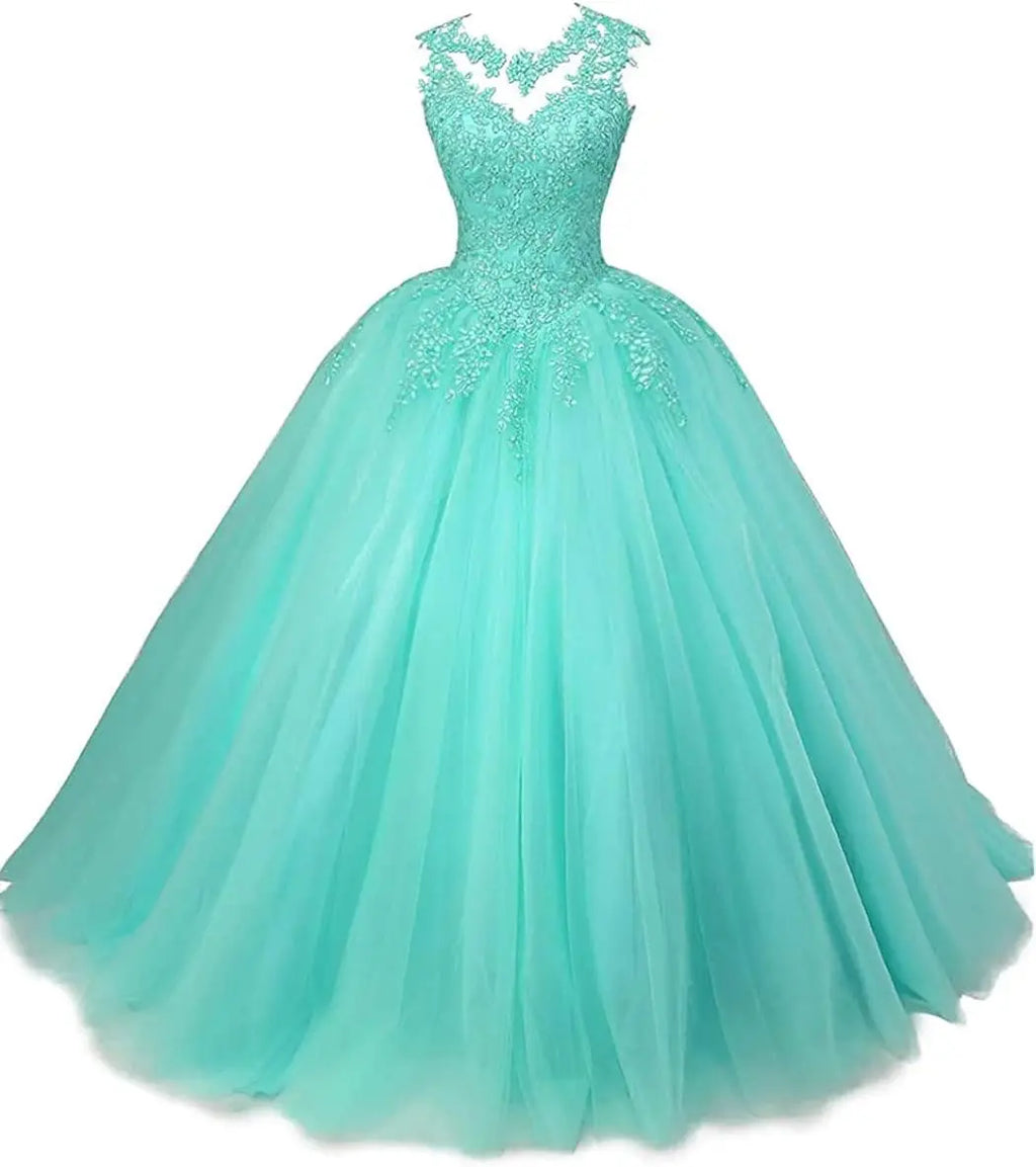 Women's Beaded Appliques Prom Dress Long Ball Gown Quinceanera Dresses Tulle Formal Sweet 16 Dress for Teens