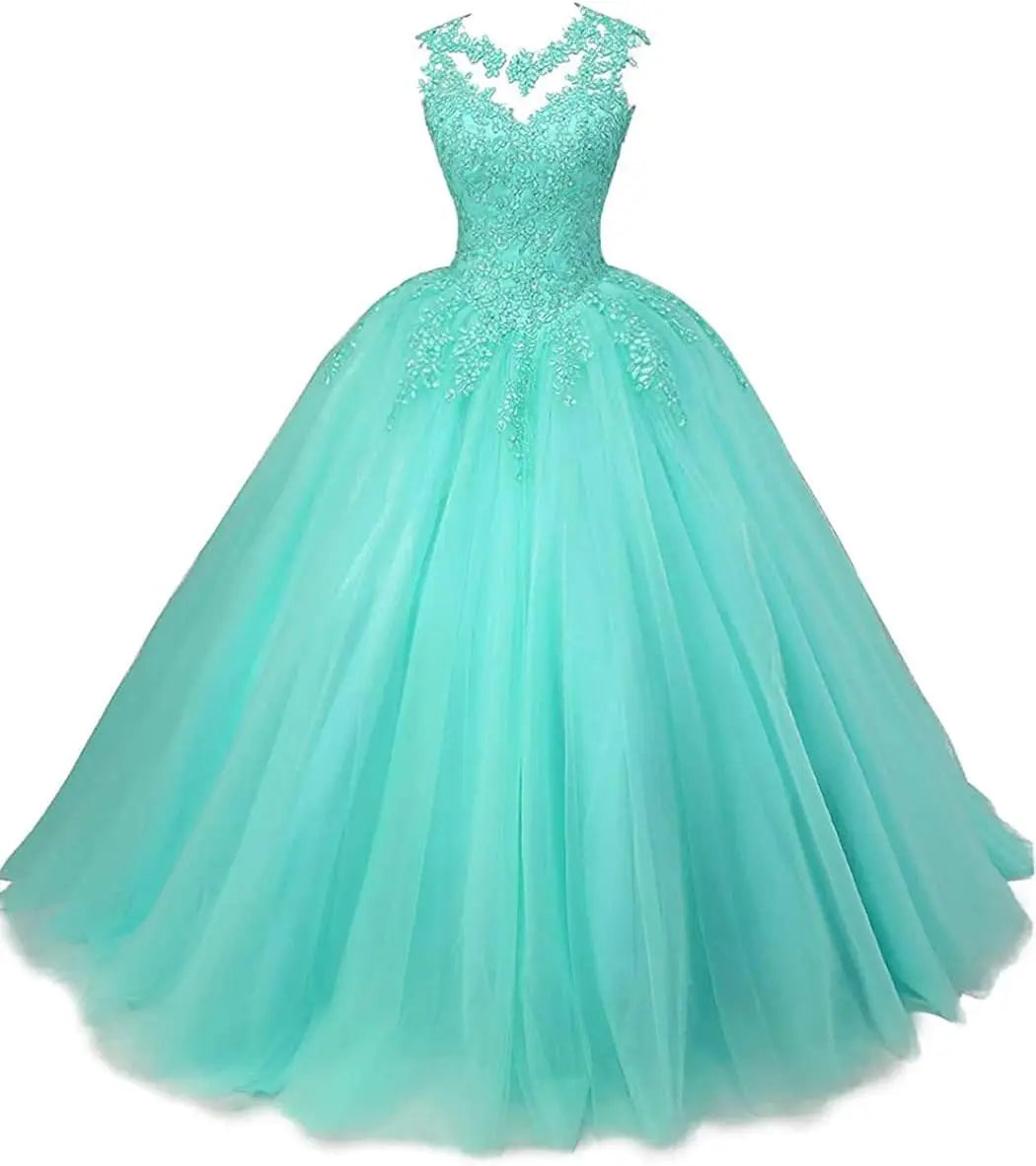 Women's Beaded Appliques Prom Dress Long Ball Gown Quinceanera Dresses Tulle Formal Sweet 16 Dress for Teens