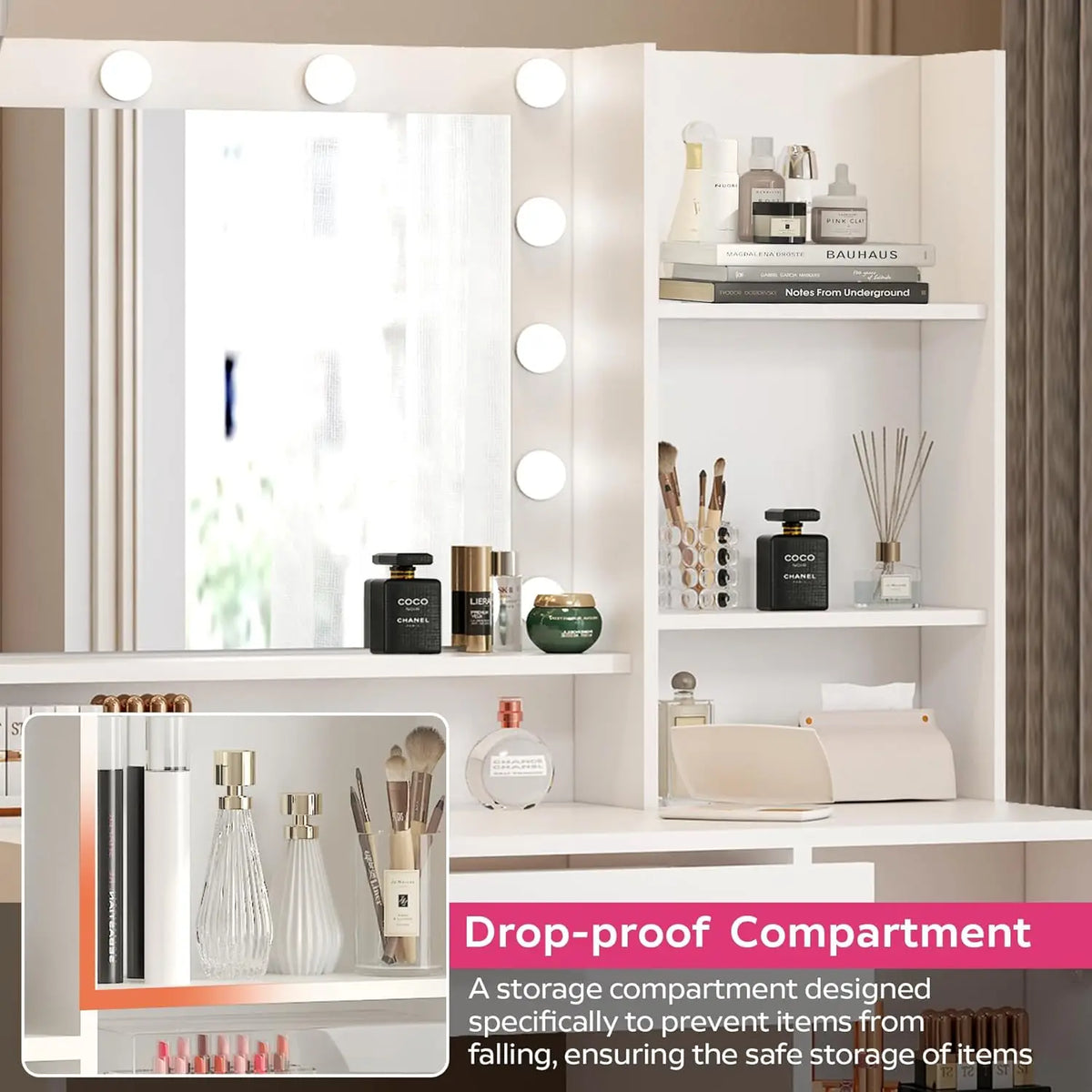 White Vanity Desk With Mirror Light Large Drawer Three Tier Storage Dresser Three Adjustable Lighting Modes Brightness Bedroom D