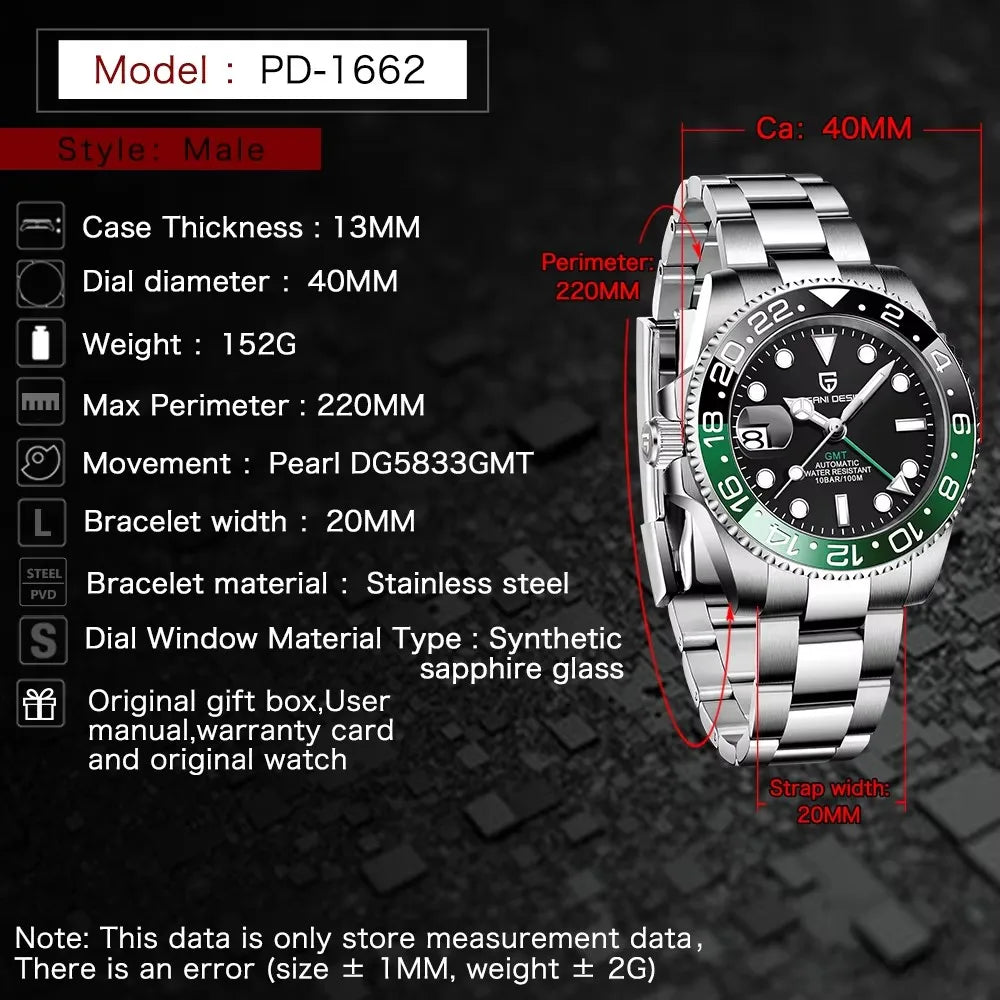PAGANI DESIGN 40MM Men Mechanical Automatic Watch Left Crown GMT Sapphire Glass Ceramic Bezel Silver Jubilee Strap Watch for men