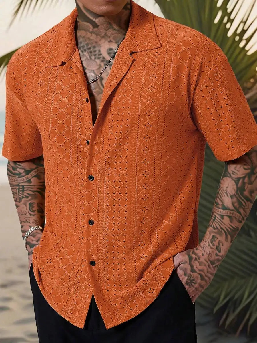Men's Yellow Eyelet Lacework Short Sleeve Button-Down Casual Shirt