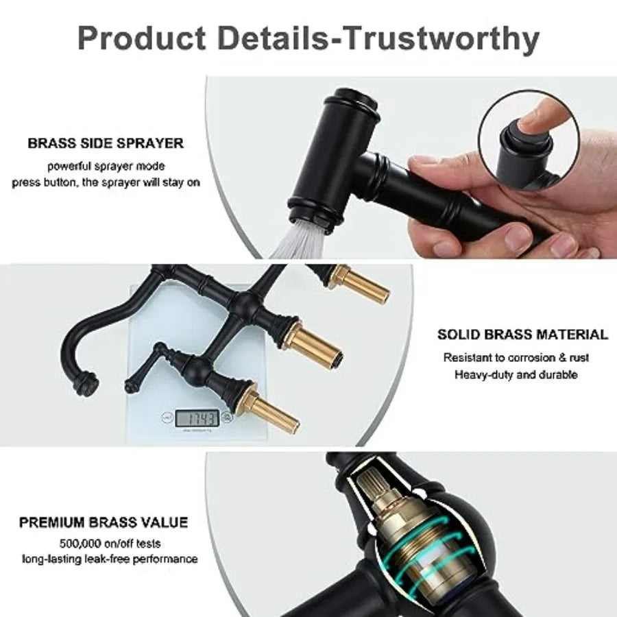 Black Kitchen Faucet with Side Sprayer 4 Hole Brass Kitchen Faucets for Sink 2 Handle 8 Inch Centerset Bridge Faucet Vintage Fa