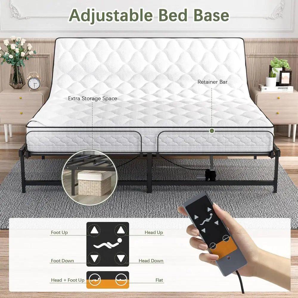 King Size Electric Adjustable Bed Base with Foot Incline, Low-Noise Motor, and Remote Control