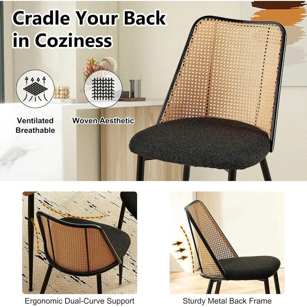 Black Upholstered Dining Chairs Set of 4, Woven Cane Accent Chairs for Kitchen and Dining Rooms, Suitable for Restaurants