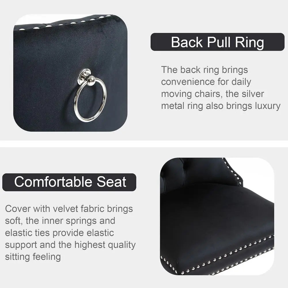 Luxury Velvet Upholstered Dining Chairs with Nailhead Trim and Ring Pull, Set of 2, Black