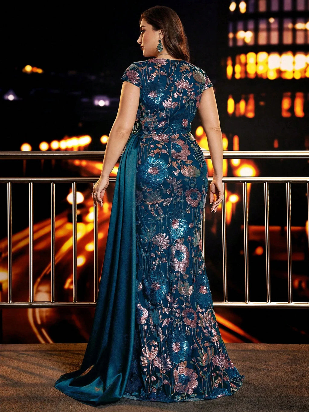 Plus Size Women's Embroidered Sequin Floral Evening Gown With V-Neck And Cap Sleeve