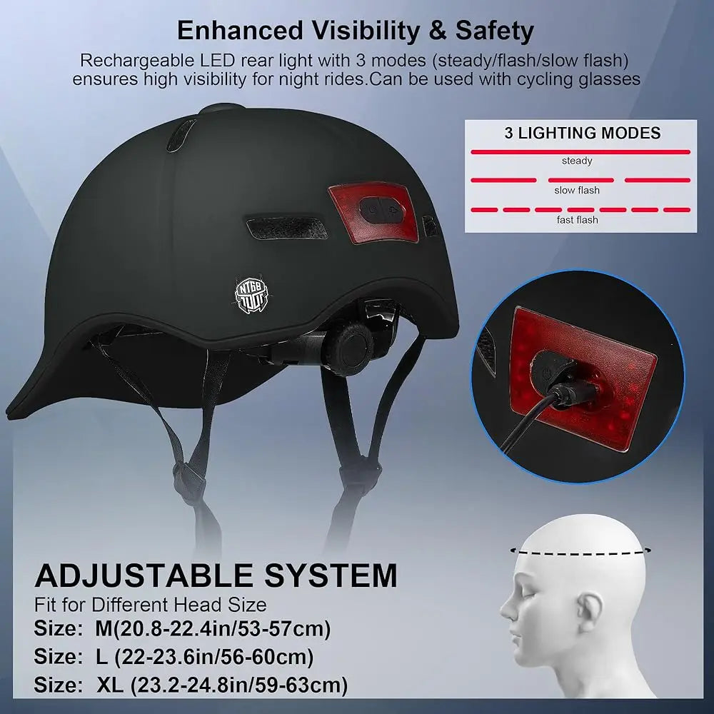 Bike Helmet Adult Men/Women-USB Rechargeable Rear Light CPSC/ASTM Certified 2 Removable Liners Adjustable Lightweight Basebal