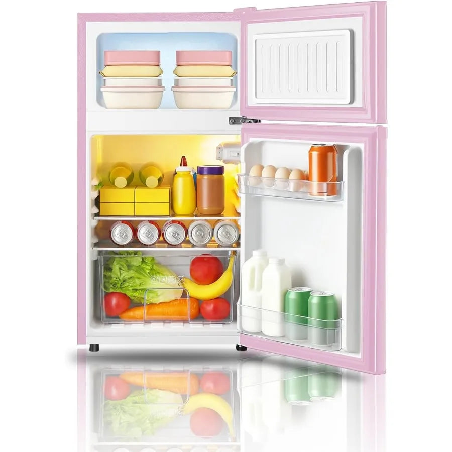 Compact 3.2 Cu.Ft Mini Fridge with Separate Freezer for Dorm Bedroom Office or Apartment 2-Door Design with 7-Level Temperature