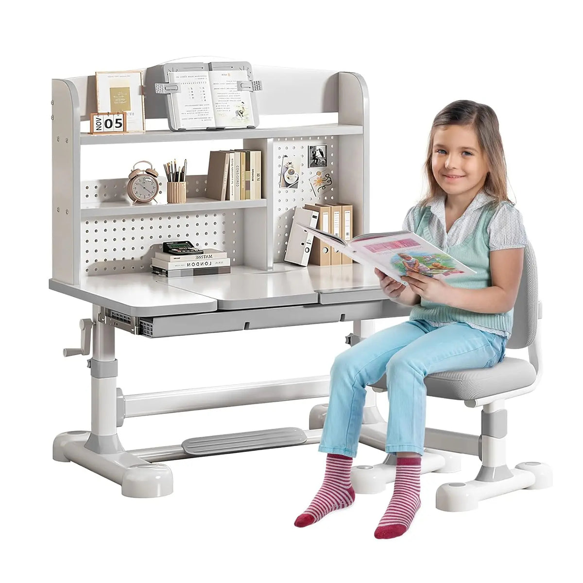 Height Adjustable Desk and Chair Set for Kids, Ergonomic Learning Desk with Tiltable Desktop Hand Crank Children's Study Table w