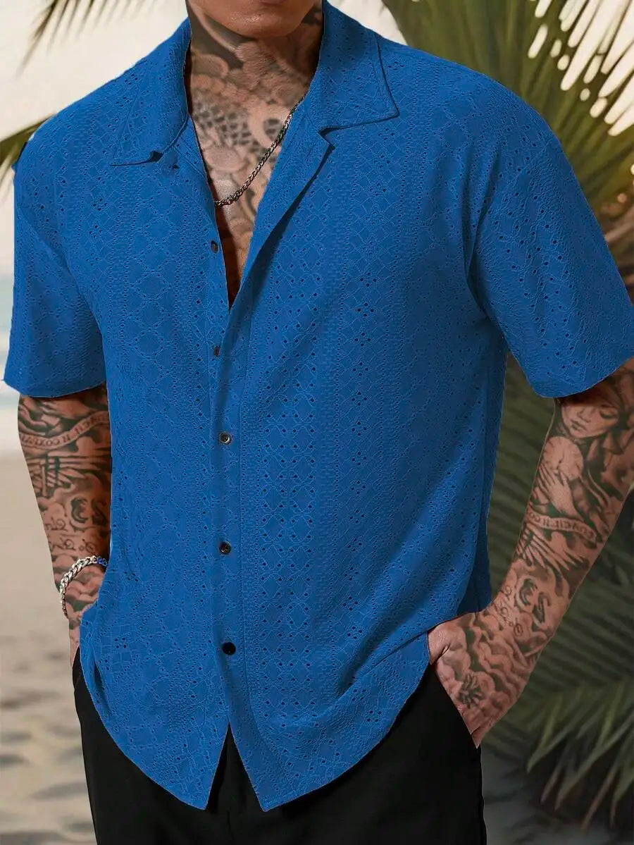 Men's Yellow Eyelet Lacework Short Sleeve Button-Down Casual Shirt