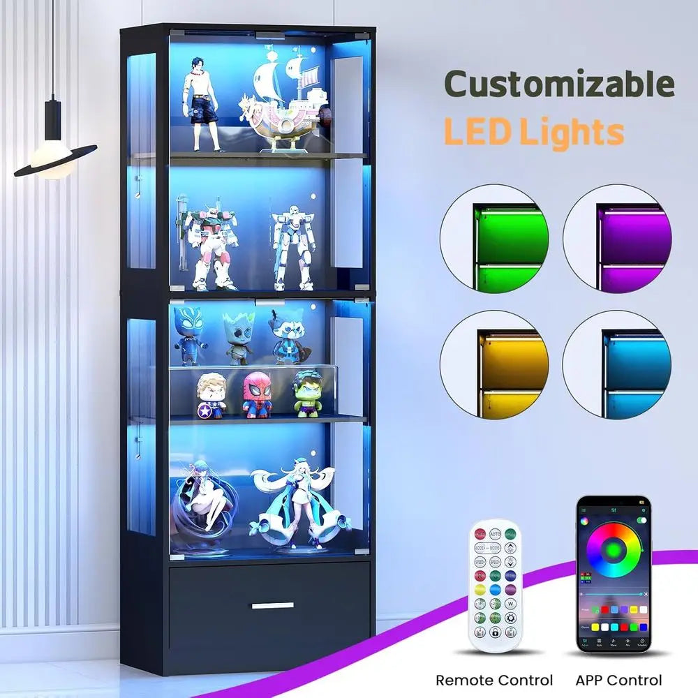 67 Tall Glass Door Display Cabinet with RGB Lighting and Drawer for Collectibles, 4-Tier Showcase for Living Room or Office, Bla