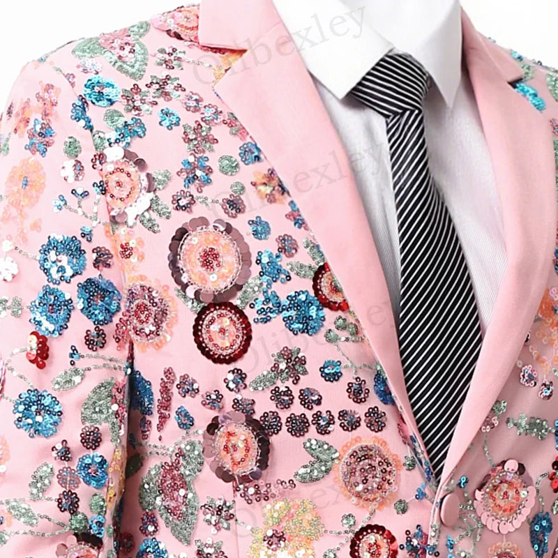 Customized Sequined Men's 2 piece suit High Quality One button Slim Fit Pink Tuxedos Suitable Weddings Groom Business Dinner