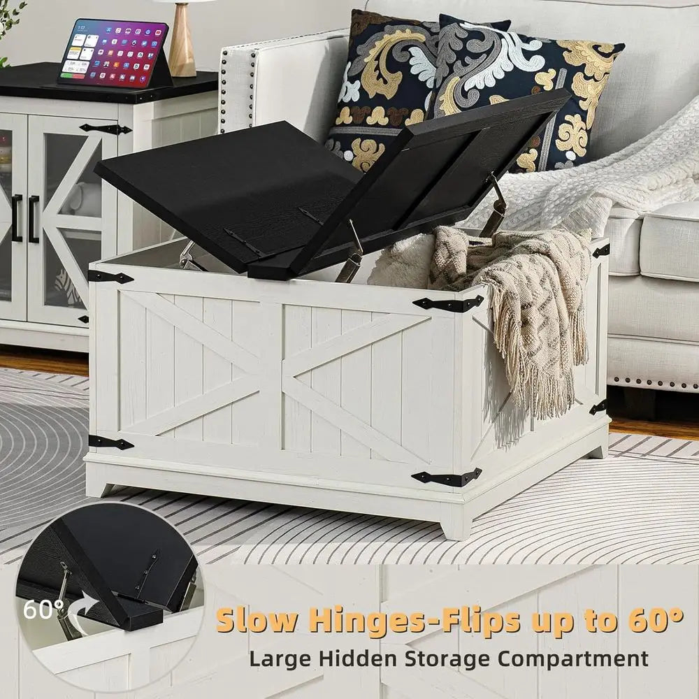 armhouse Coee Table Sets 3 Pieces, Large End Side Tables with Charging Station and Coee Table with Hidden Storage Comparent, Whi