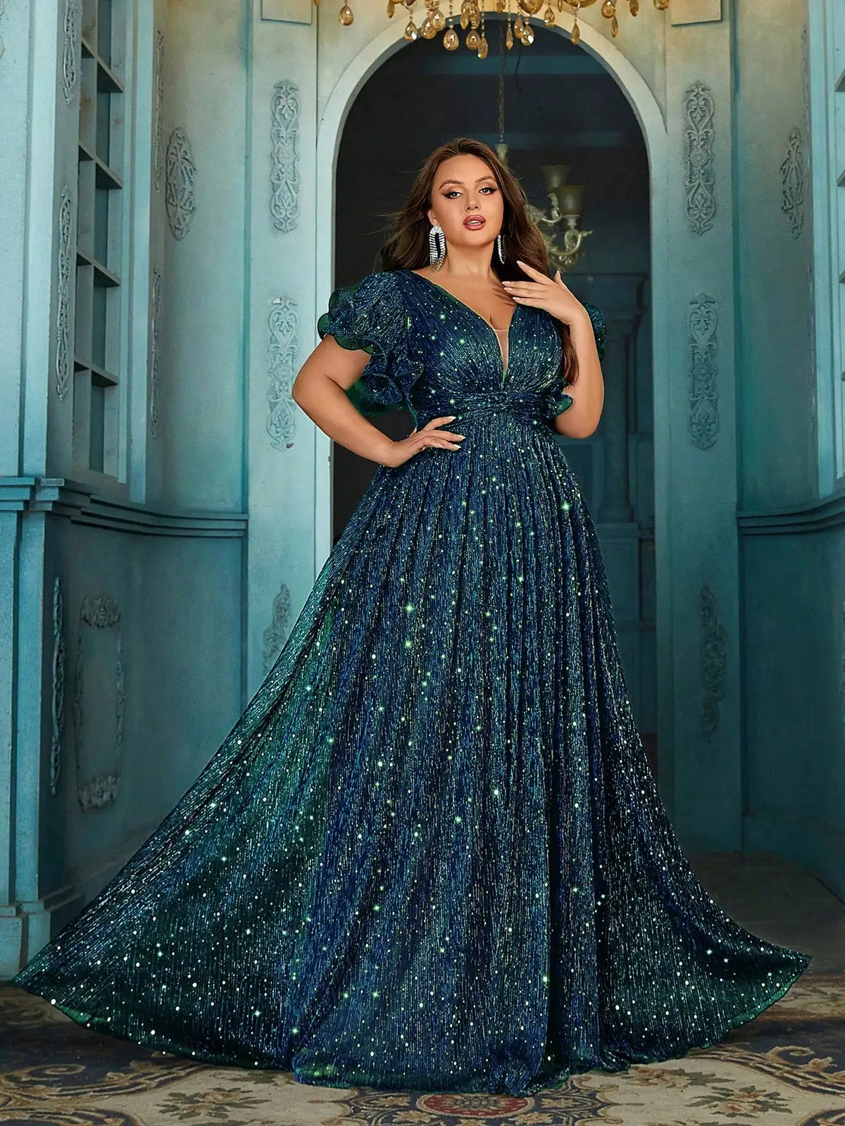Plus Size Shiny Formal Party Dress With Ruffle Sleeves V Neck Floor Length