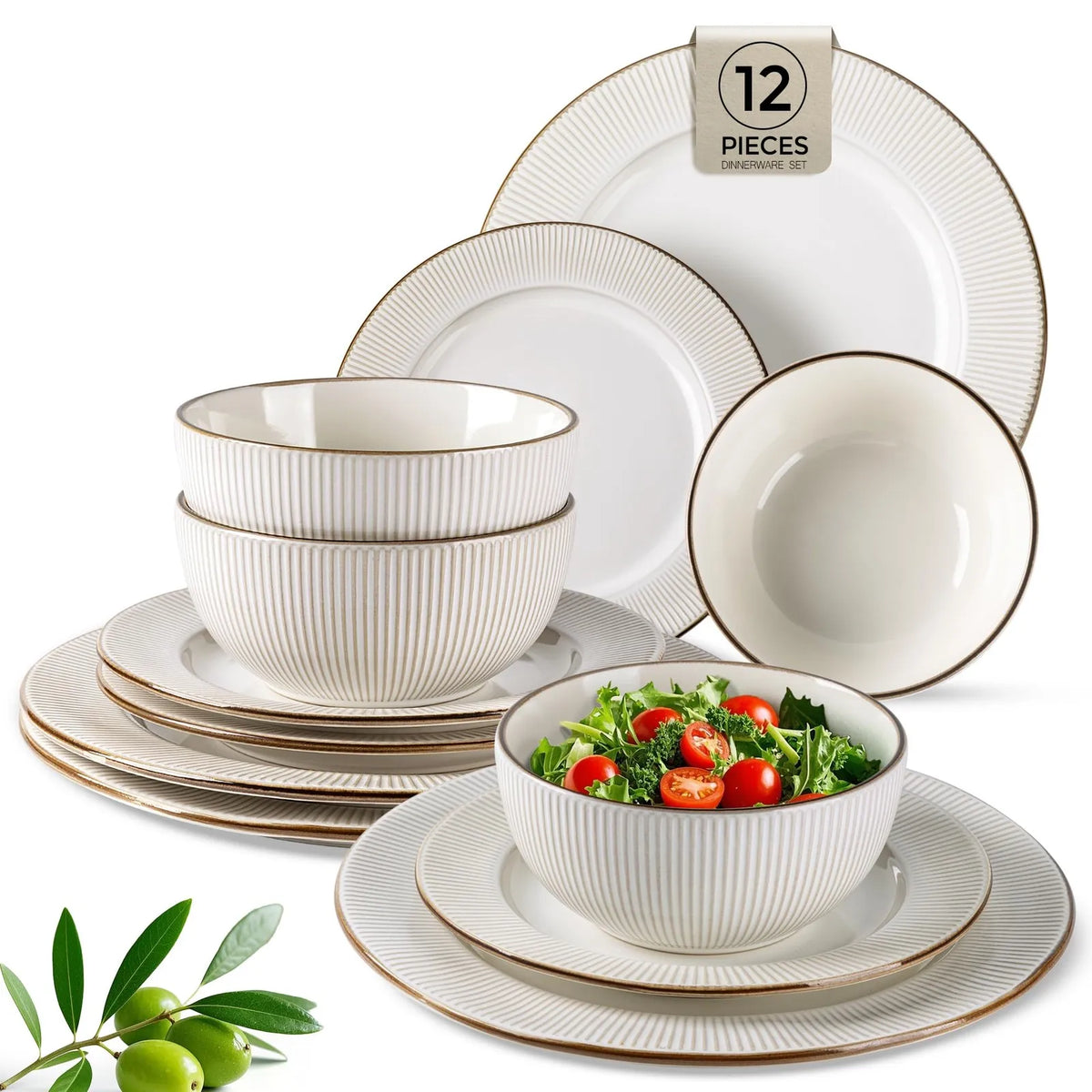 Ceramic Tableware Set12 Piece Ceramic Dinnerware Set Embossed Stoneware Plates and Bowls for 4 Perfect for Everyday Use and
