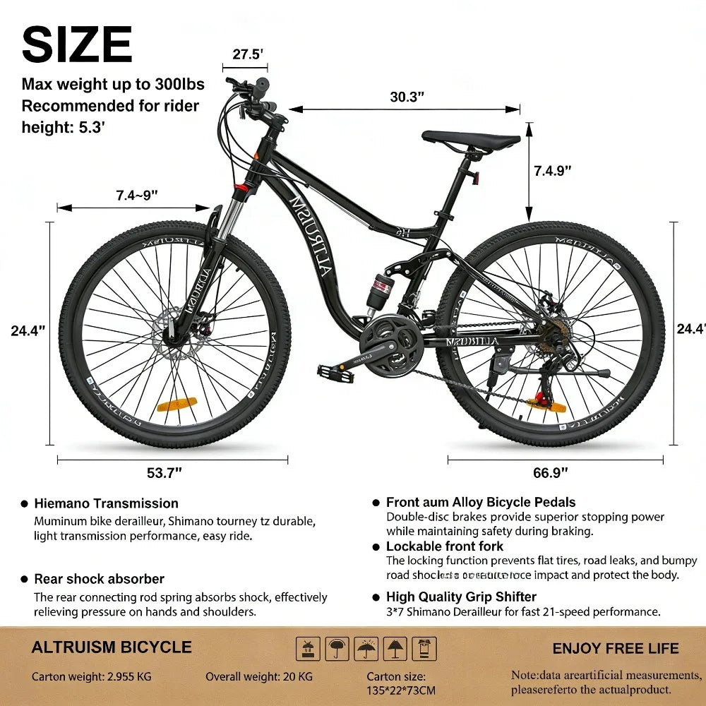 ALTRUISM H6 26" Mountain Bike – Full Suspension MTB with 21-Speed Shimano Gears & Disc Brakes for Adults