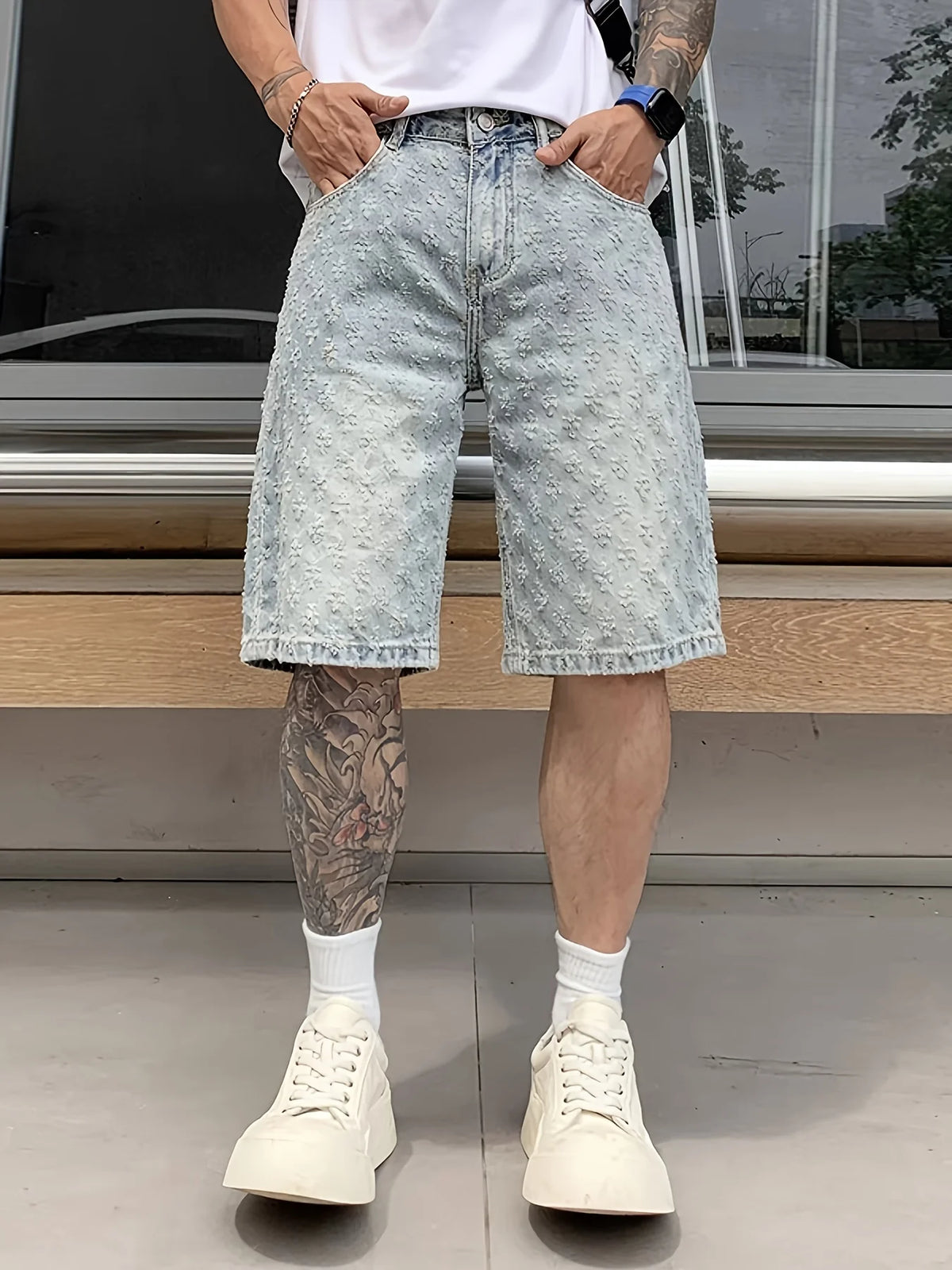 Vintage Summer 2025 American-Style Full-Print Jacquard Denim Shorts, Thin Design, Loose Trendy Brand Five-Point Pants