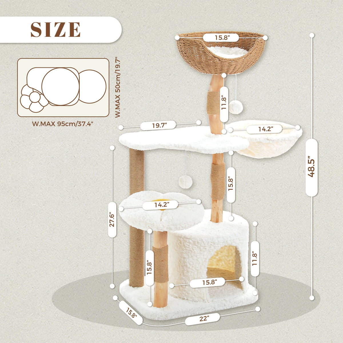 Solid Wood Cat Tree Modern Cat Tower with Spacious Cat Condo,Flower Perches,Fun Pompom,Double Comfort Perfect for Indoor Kittes