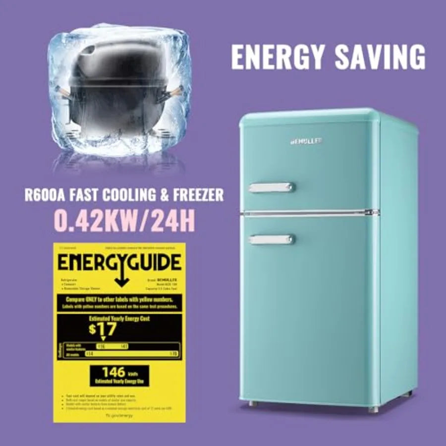 Dual Door Refrigerator with Removable Glass Shelves and LED Light Full Size for Home Kitchen Blue