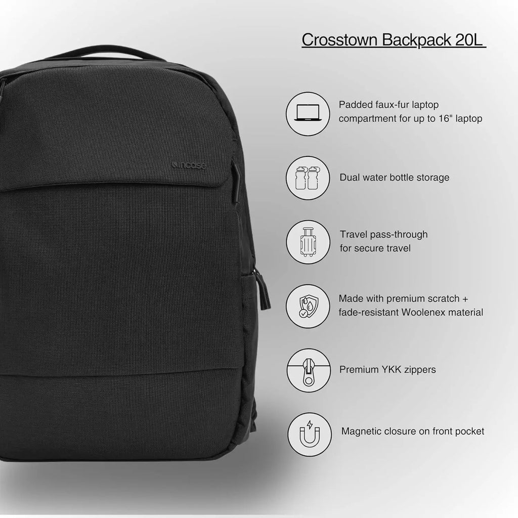 20L Everyday Laptop Backpack for Work and Travel with 16" Faux Fur Sleeve, Front Pocket, Water Bottle Pockets - Black