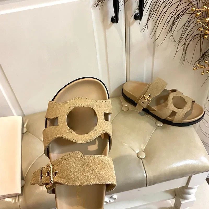 Ladies Velvety Suede Baby Goat Leather Sandals Designer Isola Line sandals Adjustable Buckle Strap Rubber Outsole Size 35 42