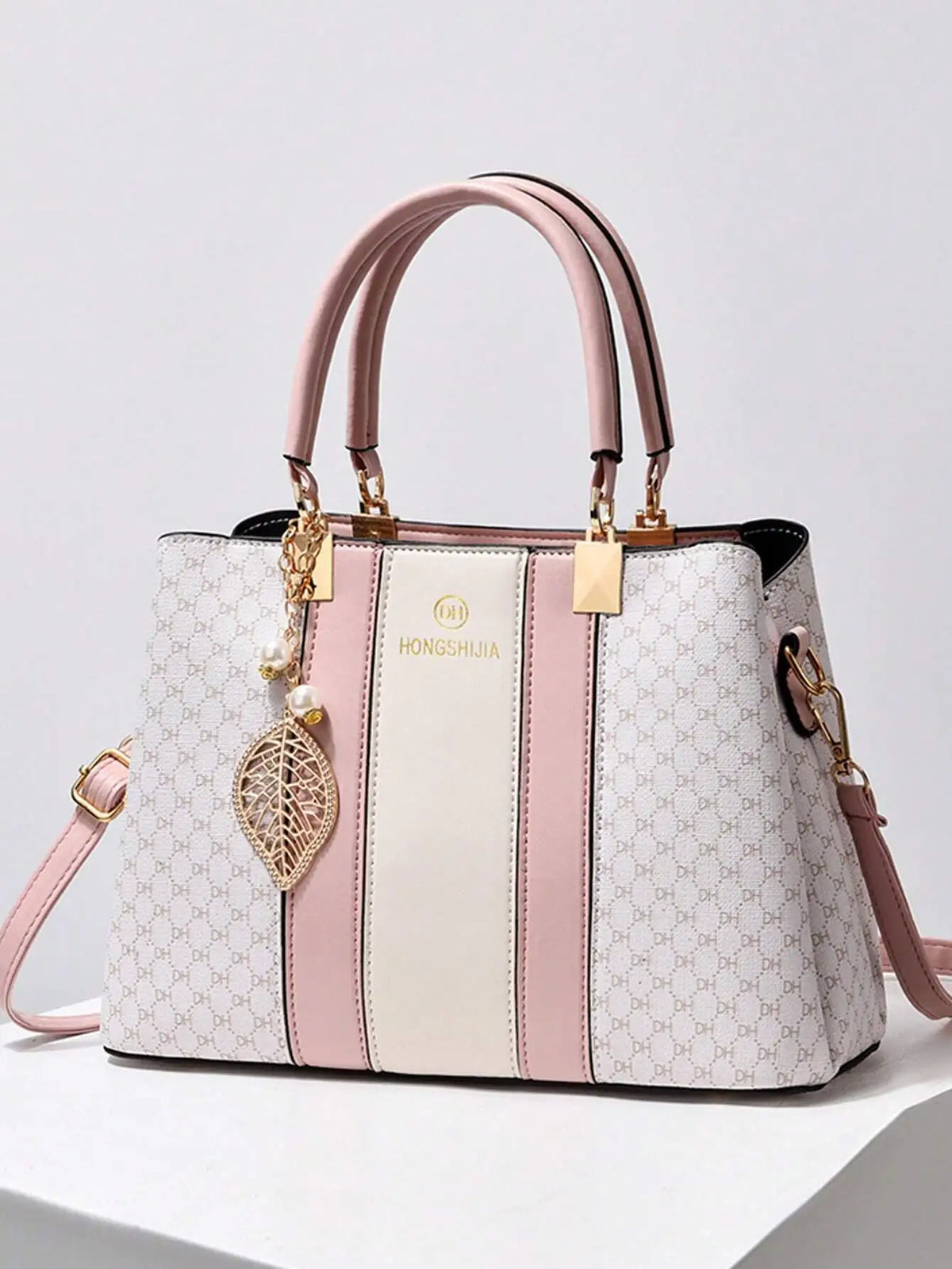 Women's Pink & Cream Patchwork Top-Handle Tote Bag with Leaf Charm