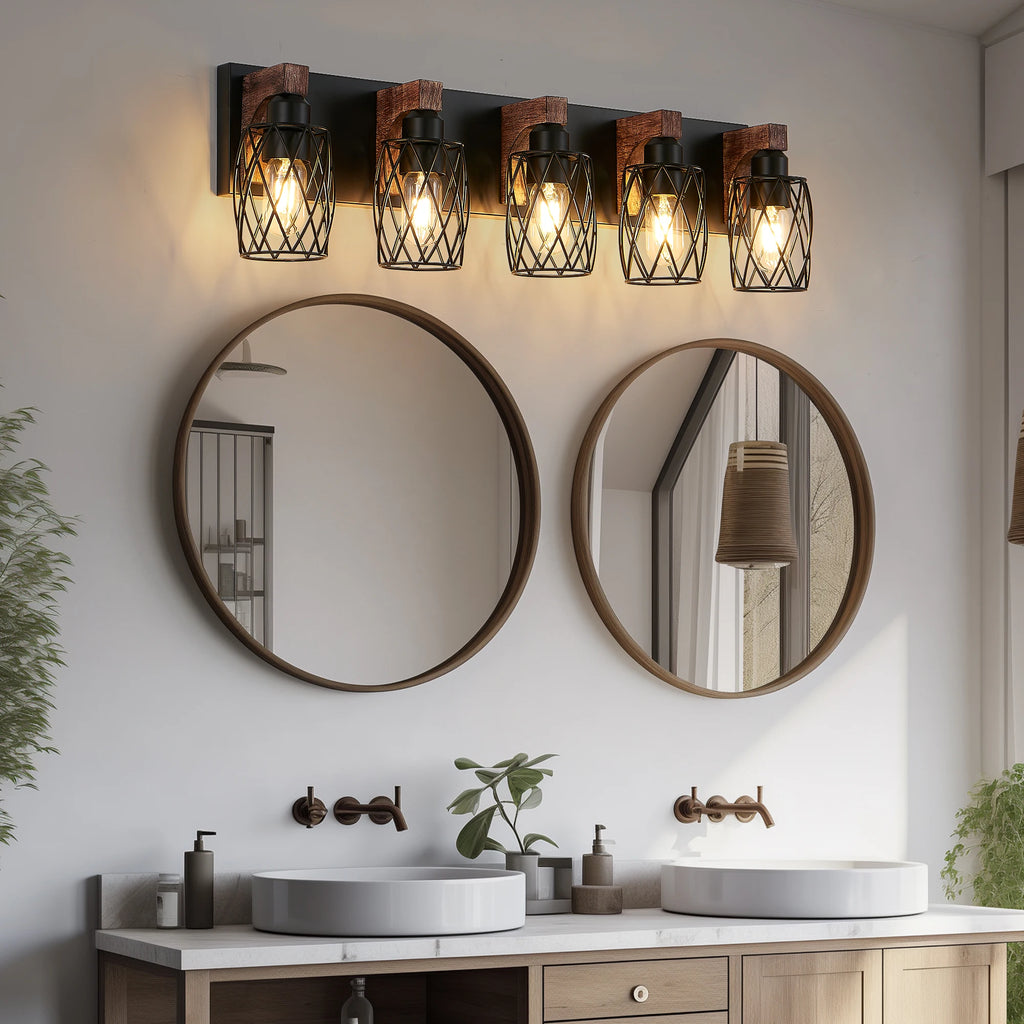 32 Inch 5-Light Vintage Mirror Sconce Black Cage Wall Sconce with Wooden Accents for Bathroom Bedroom (E26, Bulb Not Included)