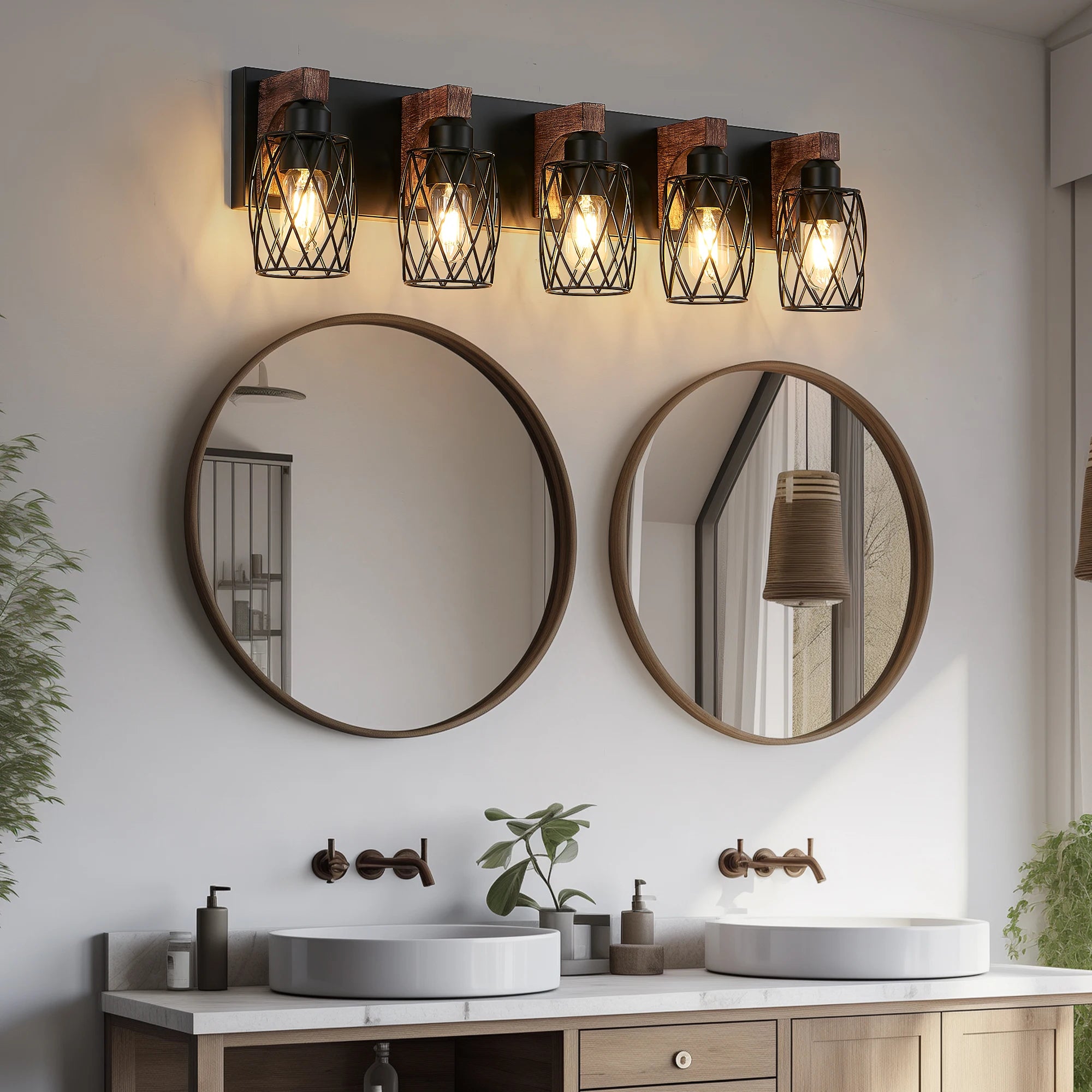 32 Inch 5-Light Vintage Mirror Sconce Black Cage Wall Sconce with Wooden Accents for Bathroom Bedroom (E26, Bulb Not Included)