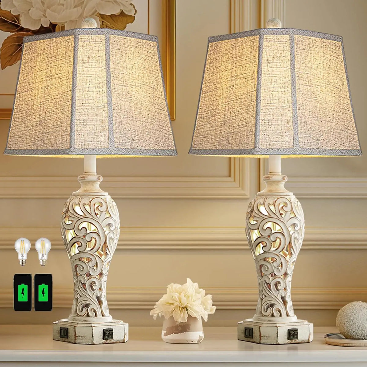 Farmhouse Table Lamps Set of 2 with USB Ports, Nightlight & Bulbs Included - Wash White