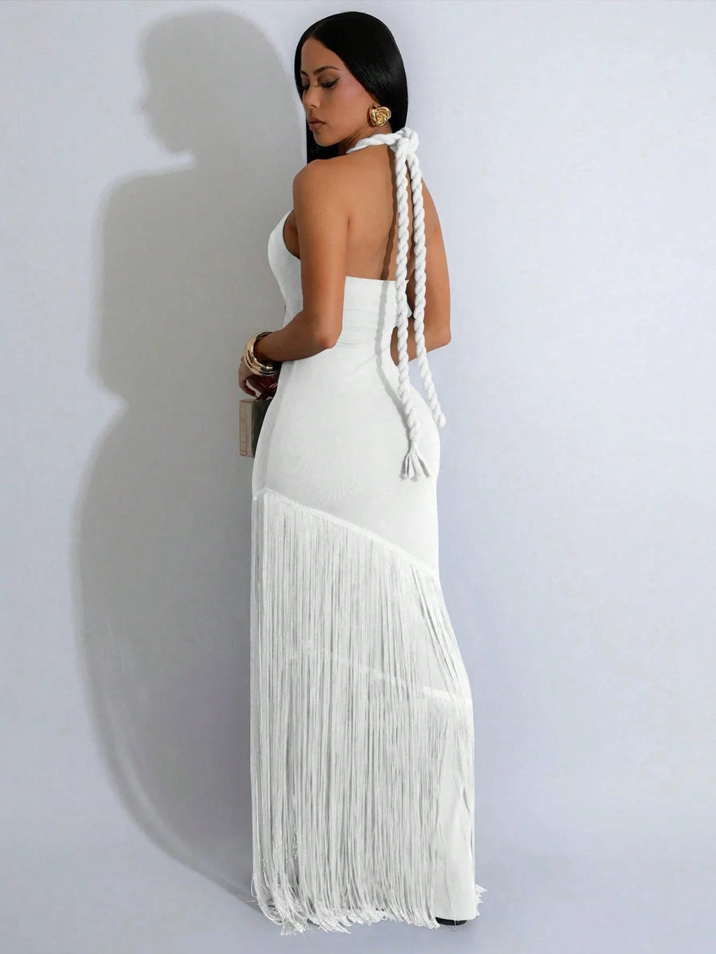 Solid Color Sexy Hollow Out Bodycon Tassel Hem Halter Cocktail Dress For Women Wedding White Spring Party