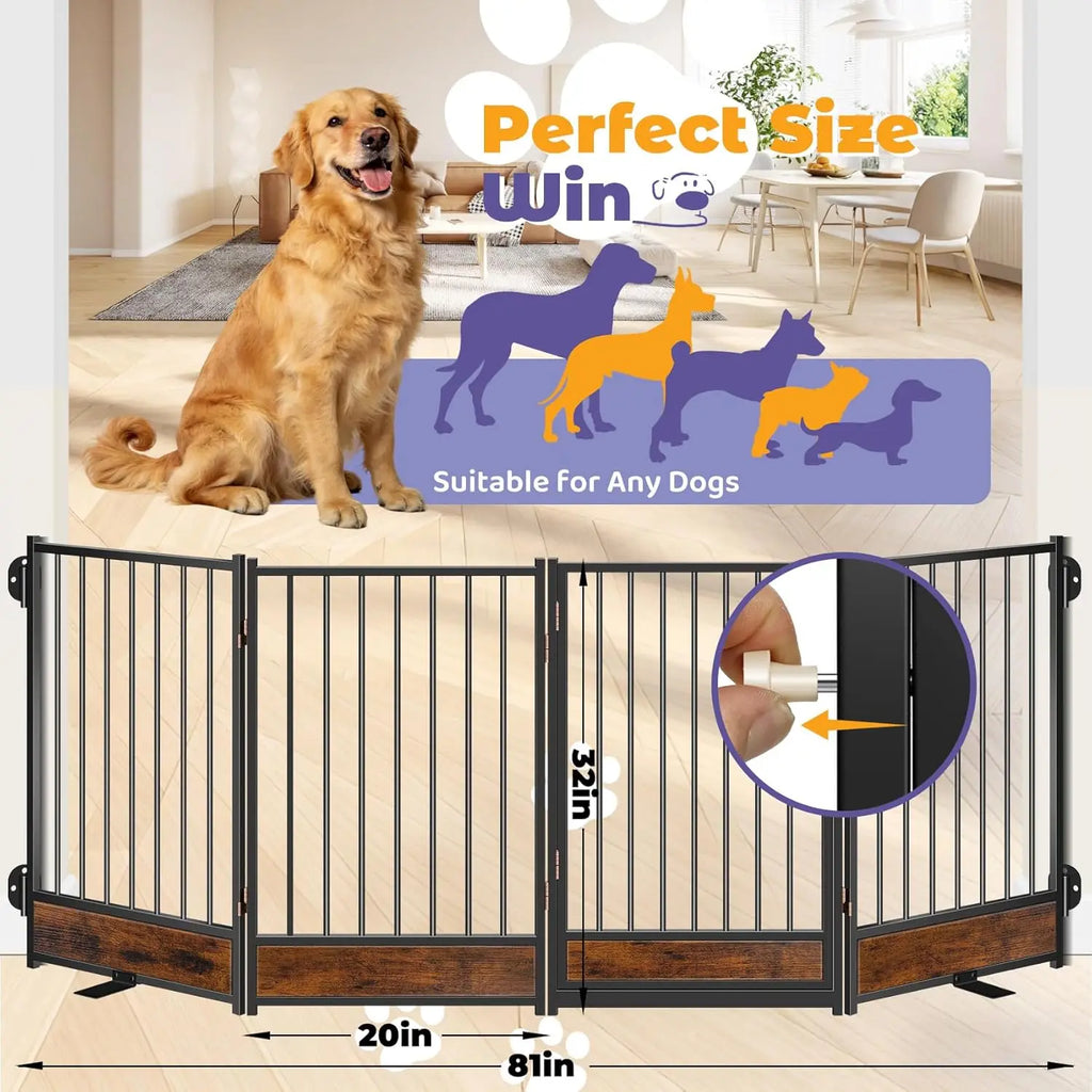 Freestanding Dog Gate with Door, Metal & Wood, 81'' Wide 32'' Tall, Foldable Safety Fence for Indoor/Outdoor Use