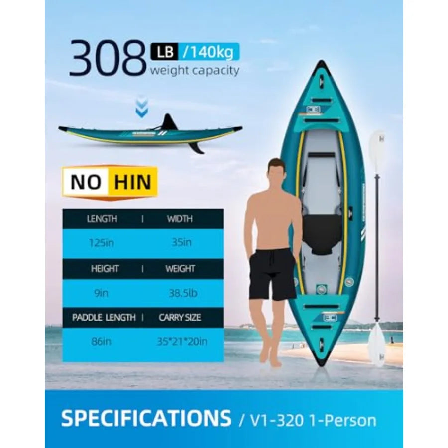 Inflatable Sit-in Kayak for Adults 1-2 Person Blue/Sky Blue with Paddle Seat Pedal Hand Pump Bag Lightweight Durable Material E