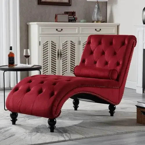 Velvet Button-Tufted Chaise Lounge Chair Indoor Comfortable Seating with Pillow Upholstered Customizable for Bedroom Living Room