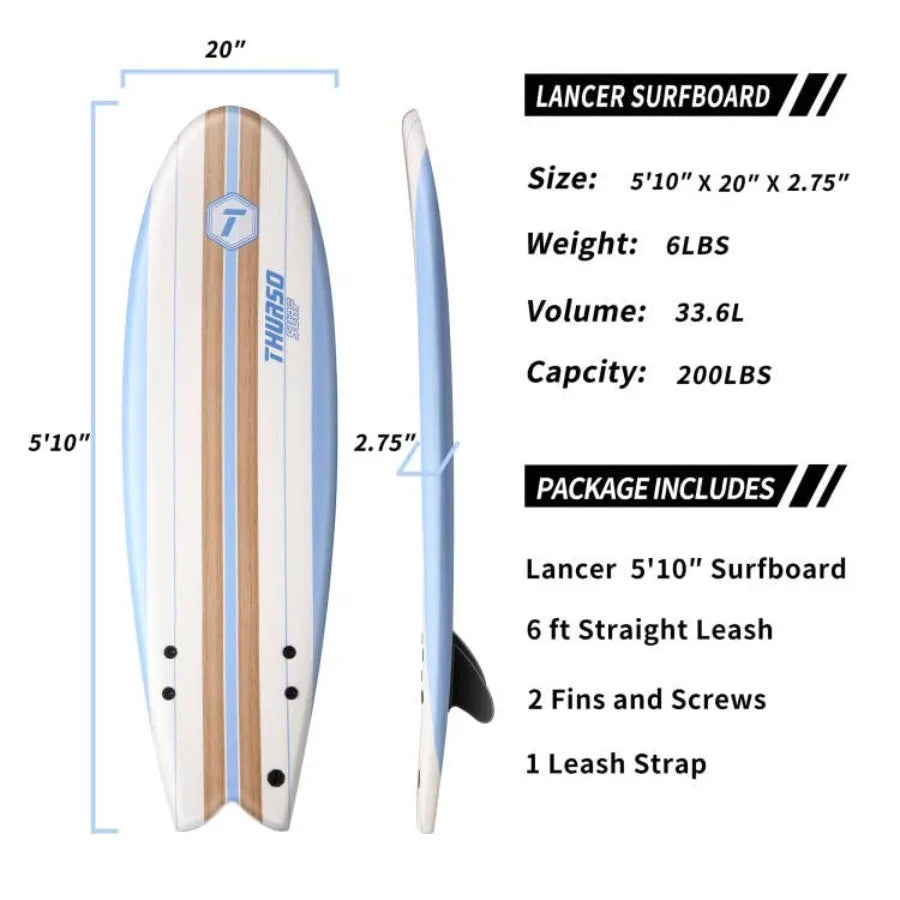 Lancer 5'10'' Soft Top Foam Surfboard Fish Surf board for and Adults Includes Twin Fins Double Swivel Leash EPS Core IXPE Deck