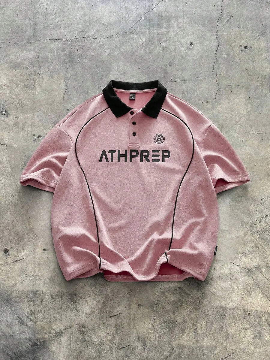 Men's Loose Fit Printed Short Sleeve Polo Shirt in Pink with Contrast Trim