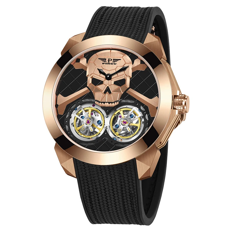 PINDU Punk Skull Double Flywheel Design Sapphire Man Watch Hollow Automatic Mechanical Waterproof Men's Automatic Wristwatch Men